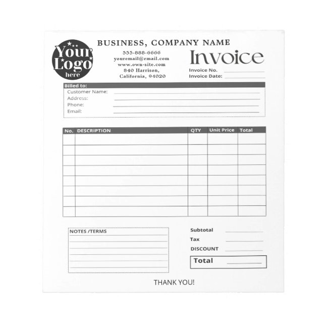 Custom Logo Small Business Invoice Sales Receipt N Notepad (Front)
