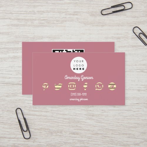  Custom Logo Social Media Gold Pink QR Code Rose Business Card