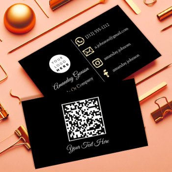 Custom Logo Social Media Gold Qr Code Black White Business Card by luxury_luxury at Zazzle