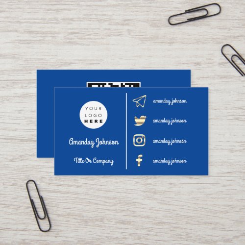  Custom Logo Social Media Gold QR Code Blue Navy Business Card