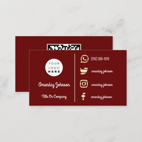  Custom Logo Social Media Gold QR Code Burgundy Business Card