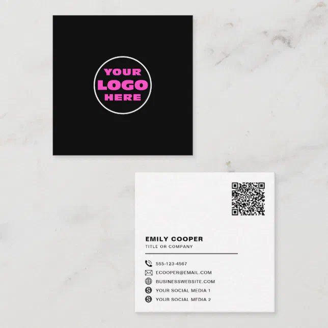 custom logo social media icons QR code black Square Business Card | Zazzle