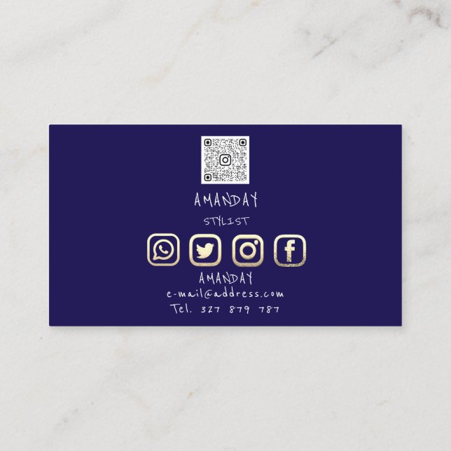 Custom Logo Social Media QR Code Gold Navy Business Card (Back)