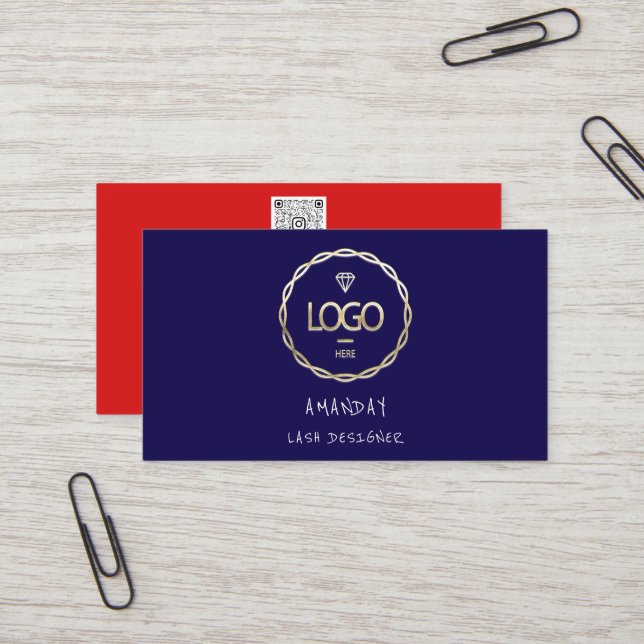 Custom Logo Social Media QR Code Gold Navy Red Business Card (Front/Back In Situ)