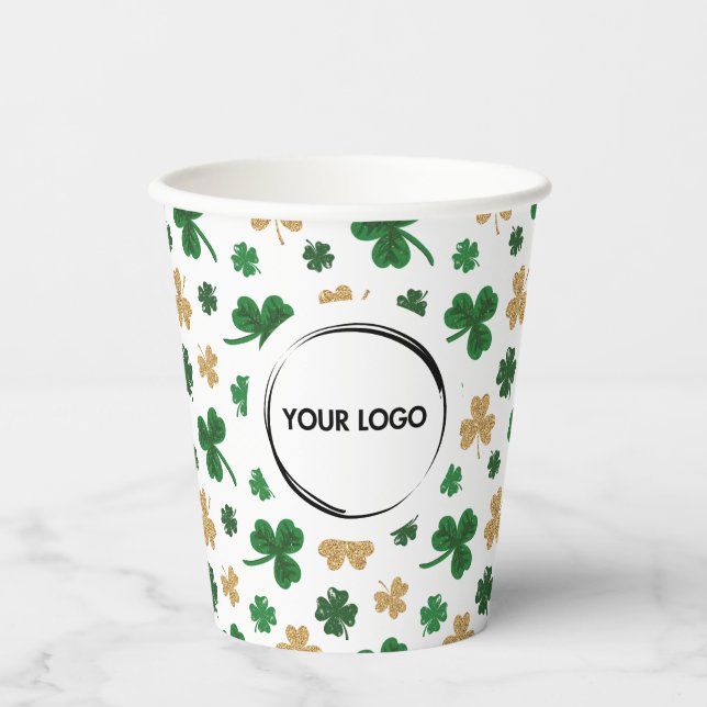 Custom Logo St. Patrick Shamrock Green Gold Paper Cups (Front)
