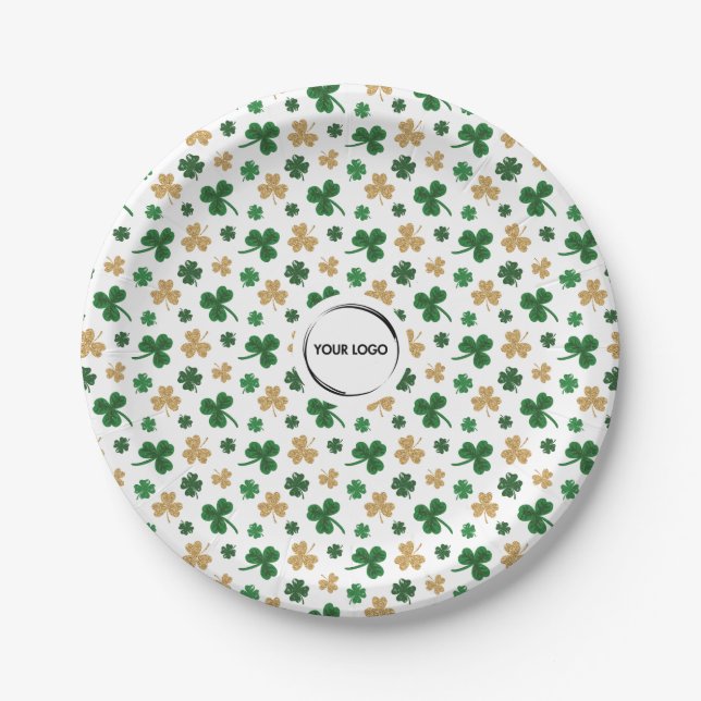 Custom Logo St. Patrick Shamrock Green Gold Paper Plates (Front)