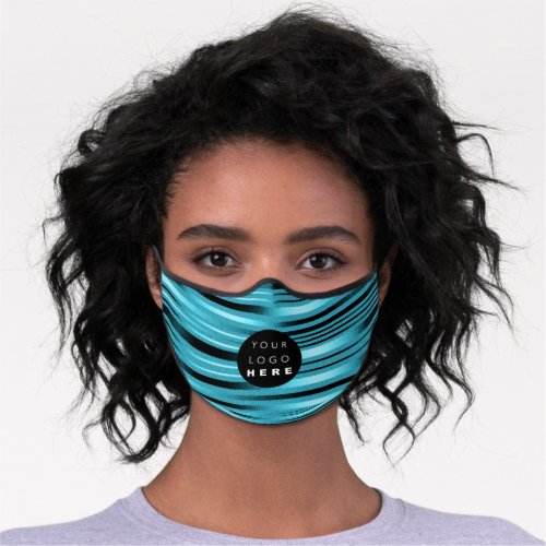 Custom Logo Teal Water Blue Stripes Lines Office Premium Face Mask