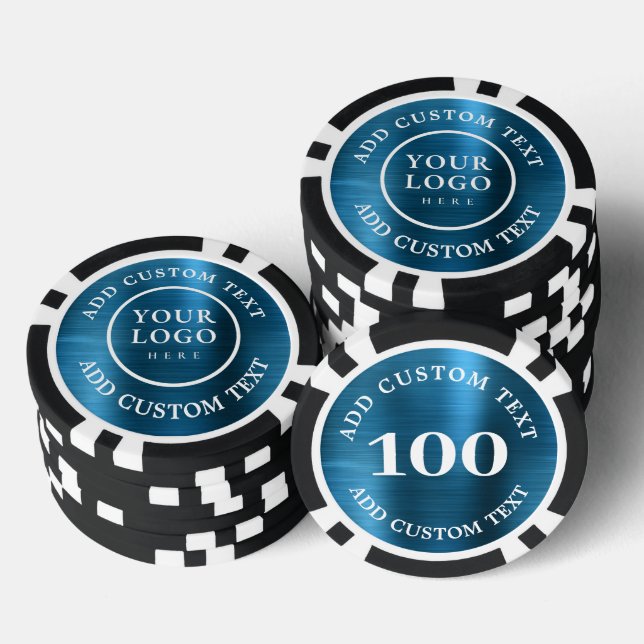 Custom Logo & Text Blue Metal Business 100 Number Poker Chips (Stack)