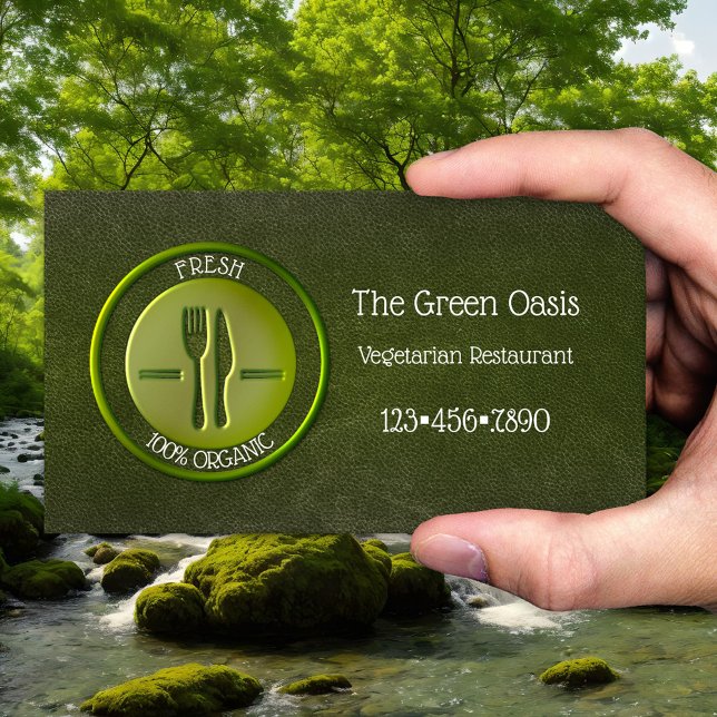 Custom Logo Vegetarian Restaurant Business Card (Green organic vegetarian restaurant business card with faux leather)