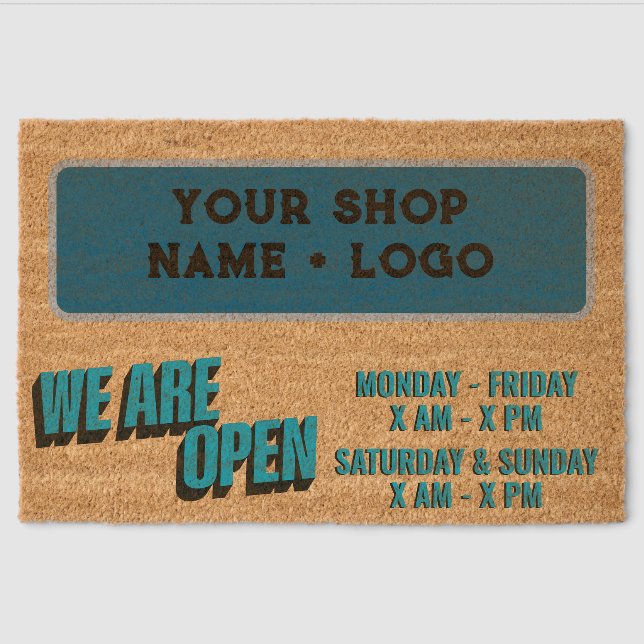CUSTOM LOGO + We Are Open Sign with Hours EDITABLE Fiber Doormat (Front)