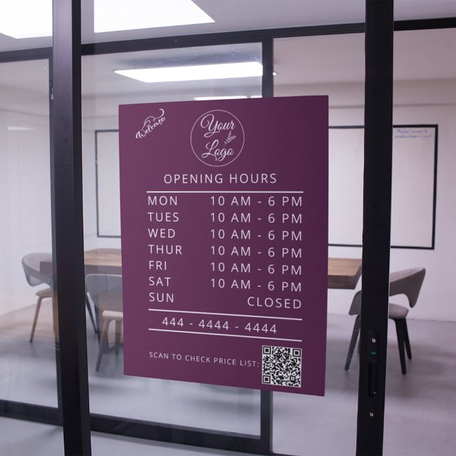 Custom Logo White Business Opening Hours & QR Code Window Cling (Creator Uploaded)