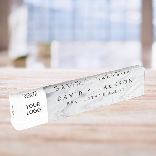 Custom Logo White Grey Marble Elegant Professional Desk Name Plate