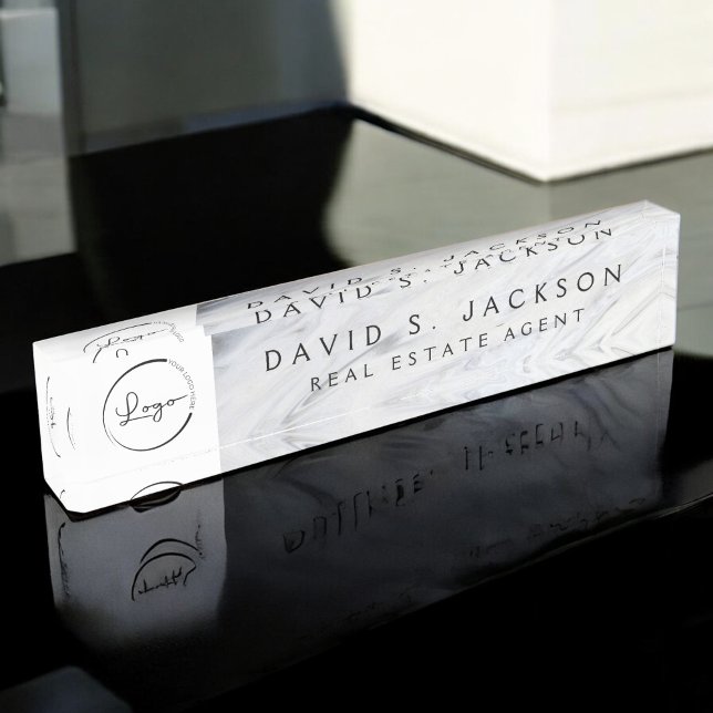 Custom Logo White Grey Marble Elegant Professional Desk Name Plate (Creator Uploaded)
