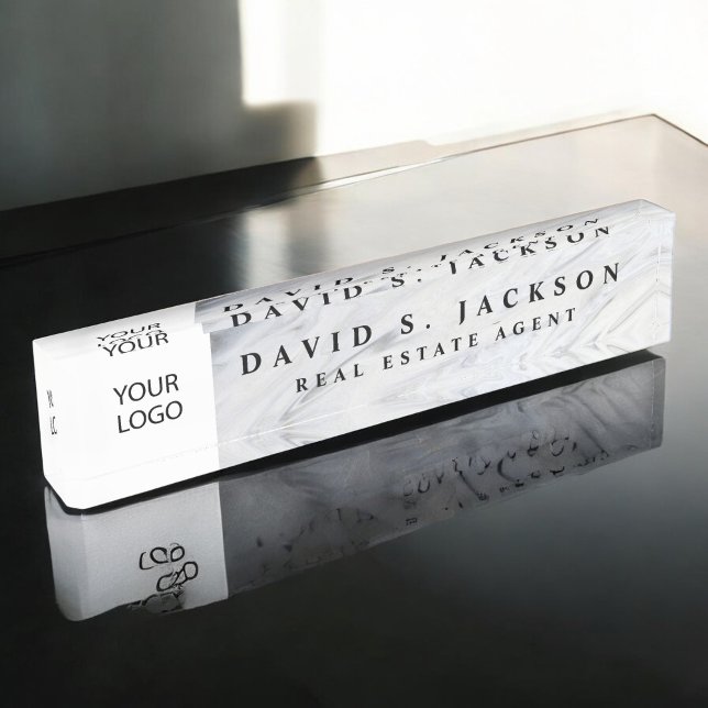 Custom Logo White Grey Marble Elegant Professional Desk Name Plate (Creator Uploaded)