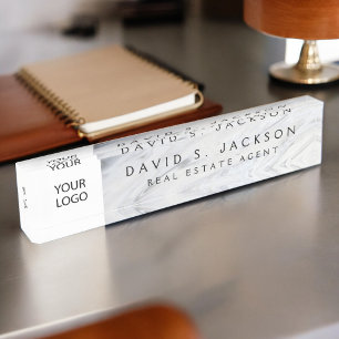 Custom Logo White Grey Marble Elegant Professional Desk Name Plate