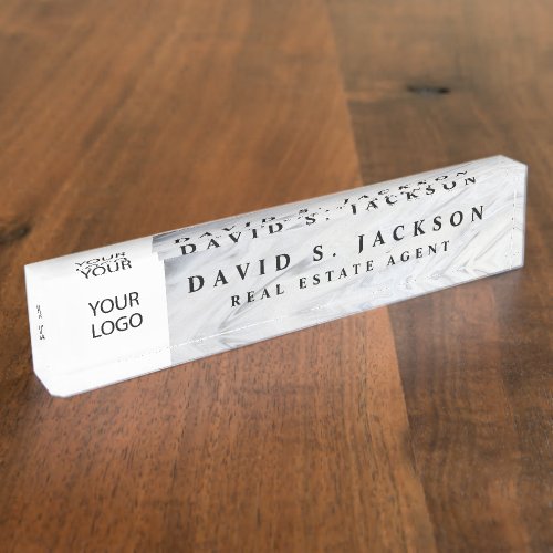 Custom Logo White Grey Marble Elegant Professional Desk Name Plate