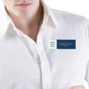 Custom Logo White & Navy Blue Monogram Name Tag