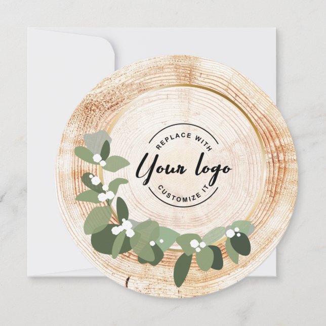 Custom Logo Wood Grain Modern Wreath Thank you Holiday Card (Front)