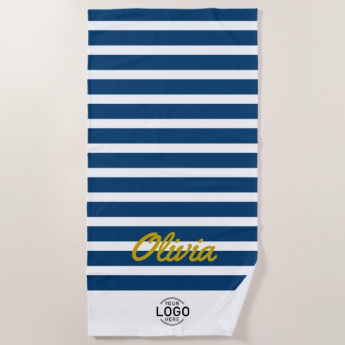Custom Logo Yellow Name Navy Blue White Striped Beach Towel