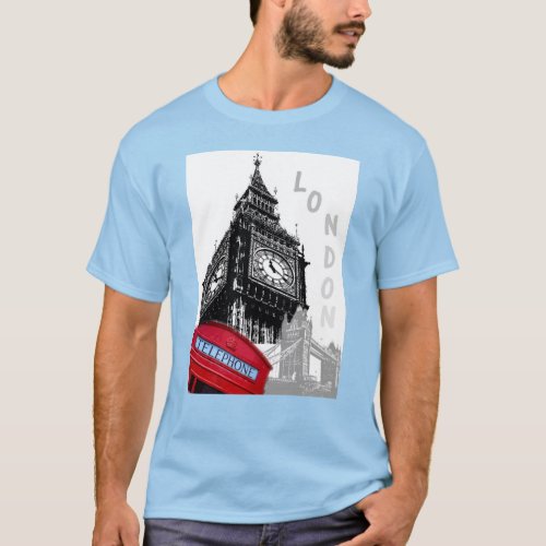 Custom London Big Ben Clock Tower Red Telephone T_Shirt