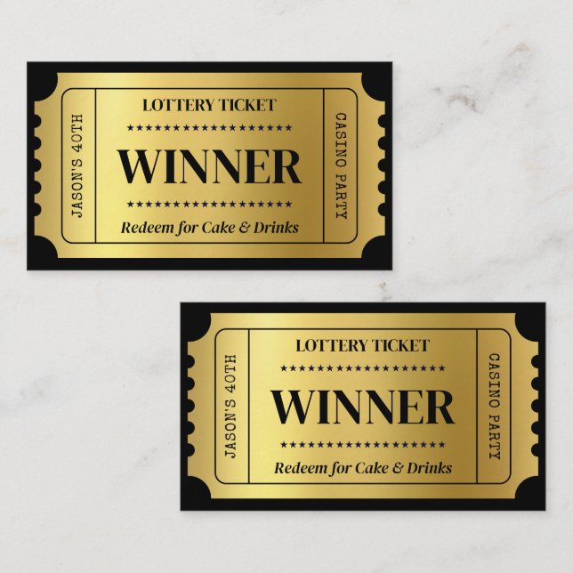 Custom Lottery Ticket for Casino Party, Black Gold Note Card (Front/Back)