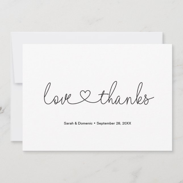 Custom Love and Thanks Heart Script Photo Wedding Thank You Card (Front)