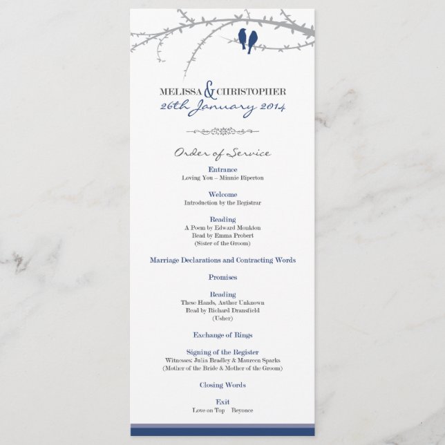 Custom Love Birds Order of Service (navy) Program (Front)