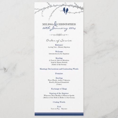 Custom Love Birds Order of Service (navy) Custom Announcements