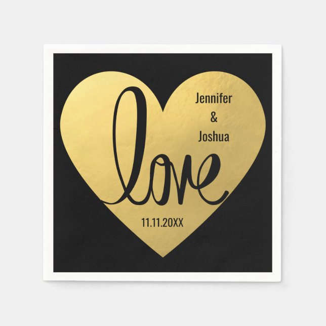 Custom LOVE Black Gold Wedding Reception Cocktail Napkins (Front)