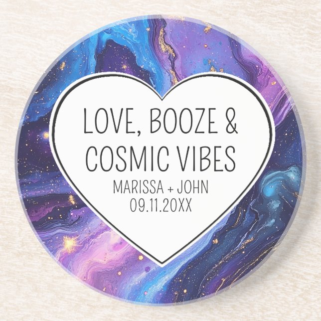 Custom Love, Booze, & Cosmic Vibes Wedding Coaster (Front)