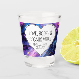 Custom Love, Booze, & Cosmic Vibes Wedding Shot Glass
