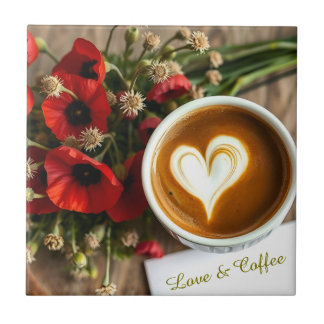 Custom Love & Coffee Cup with White Foam Heart Ceramic Tile