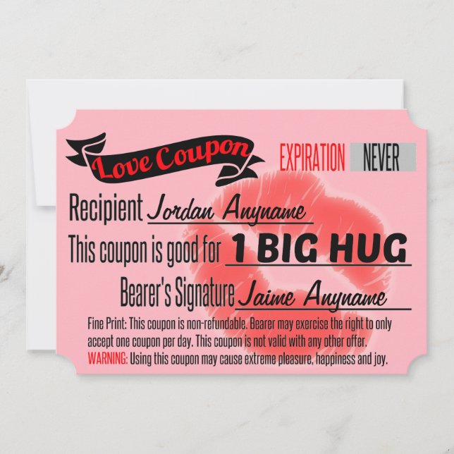 CUSTOM Love Coupon for One BIG HUG (Front)