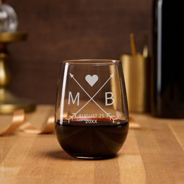 Custom Love Heart Arrows 2024 Engraved Stemless Wine Glass (Party)