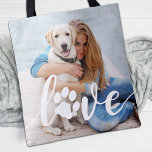 Custom LOVE Paw Print Dog Lover Pet Photo  Tote Bag<br><div class="desc">LOVE! Celebrate your best friend with a custom unique dog photo tote bag and keepsake. Surprise your favorite dog lover, whether is a birthday, Mother's day, valentines day, or Christmas with this cute love photo dog tote bag. This Love with paw print design dog photo tote bag is the perfect...</div>