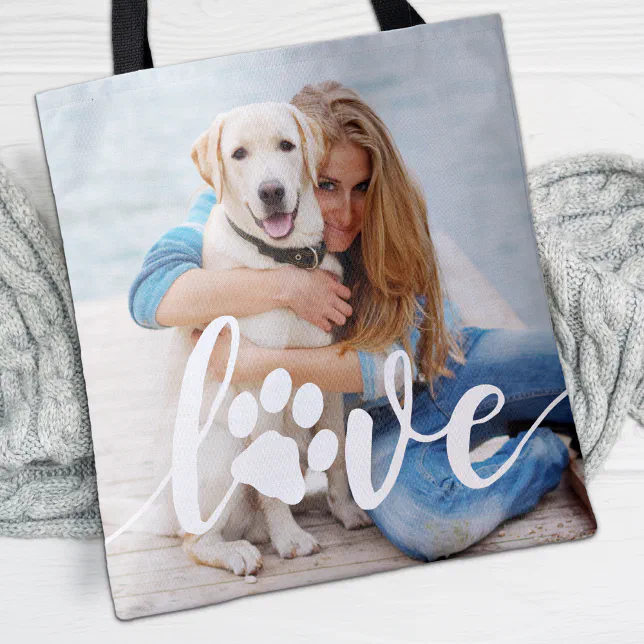 Custom LOVE Paw Print Dog Lover Pet Photo Tote Bag
