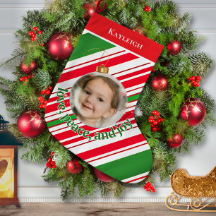 Custom Love Peace Joy Photo Large Christmas Stocking