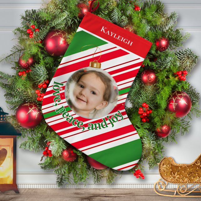 Custom Love Peace Joy Photo Large Christmas Stocking (Creator Uploaded)