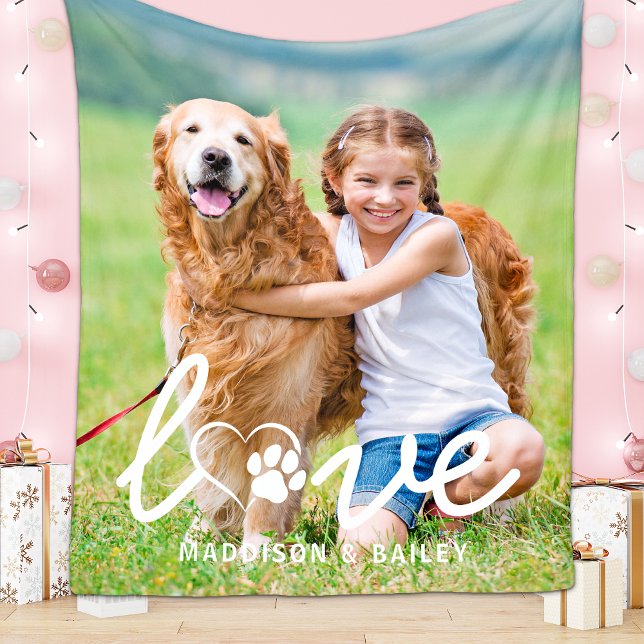 Custom LOVE Pet Photo Paw Print Modern Dog Lover Fleece Blanket (Creator Uploaded)