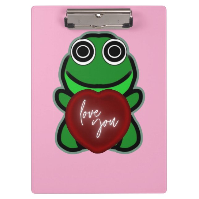 Custom Love You Kawaii Frog Heart Gift Clipboard (Front)