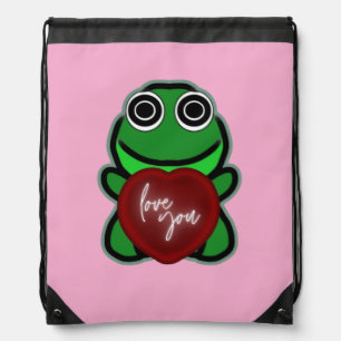 Custom Love You Kawaii Frog Heart Gift Drawstring Bag
