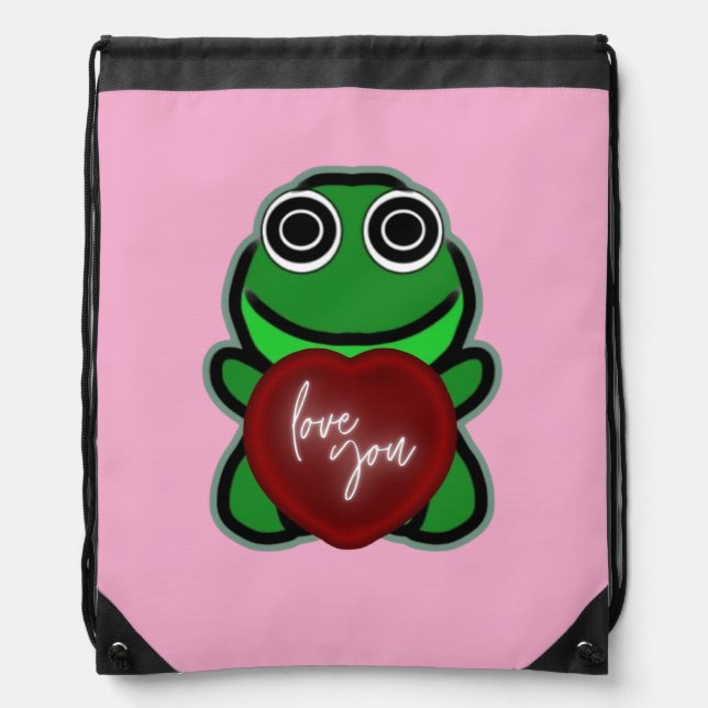 Custom Love You Kawaii Frog Heart Gift Drawstring Bag (Front)