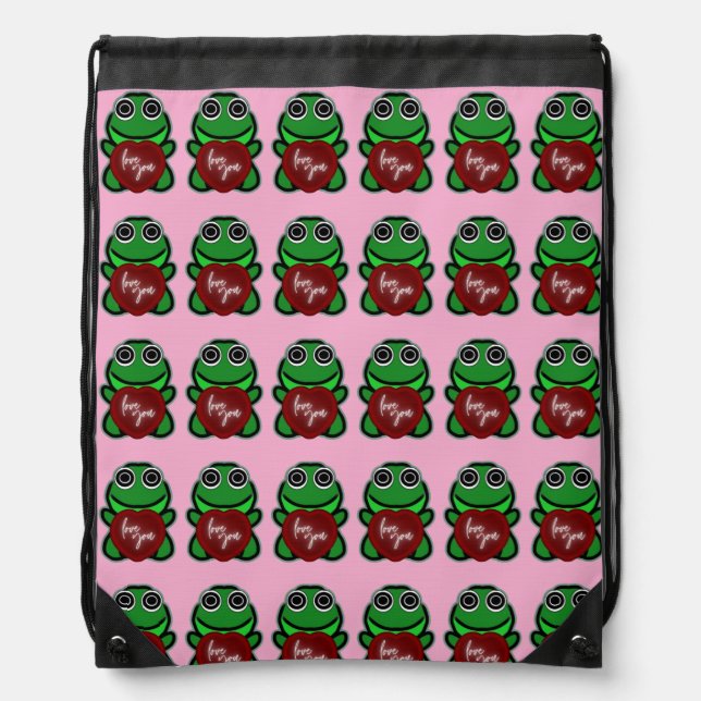 Custom Love You Kawaii Frog Heart Gift Drawstring Bag (Front)