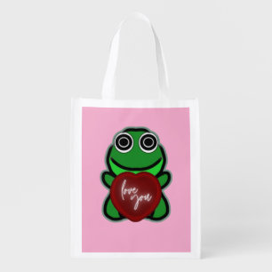 Custom Love You Kawaii Frog Heart Gift Grocery Bag