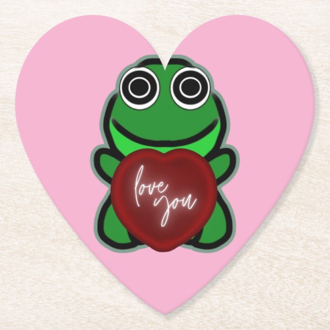 Custom Love You Kawaii Frog Heart Gift Paper Coaster (Front)