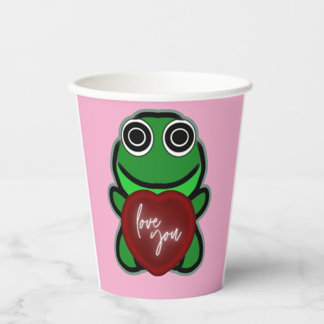 Custom Love You Kawaii Frog Heart Gift Paper Cups (Front)