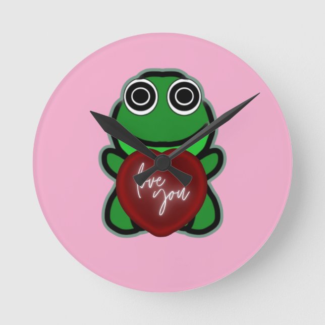 Custom Love You Kawaii Frog Heart Gift Round Clock (Front)