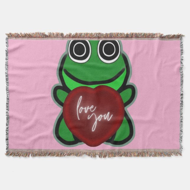 Custom Love You Kawaii Frog Heart Gift Throw Blanket (Front)