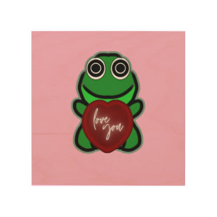 Custom Love You Kawaii Frog Heart Gift Wood Wall Art