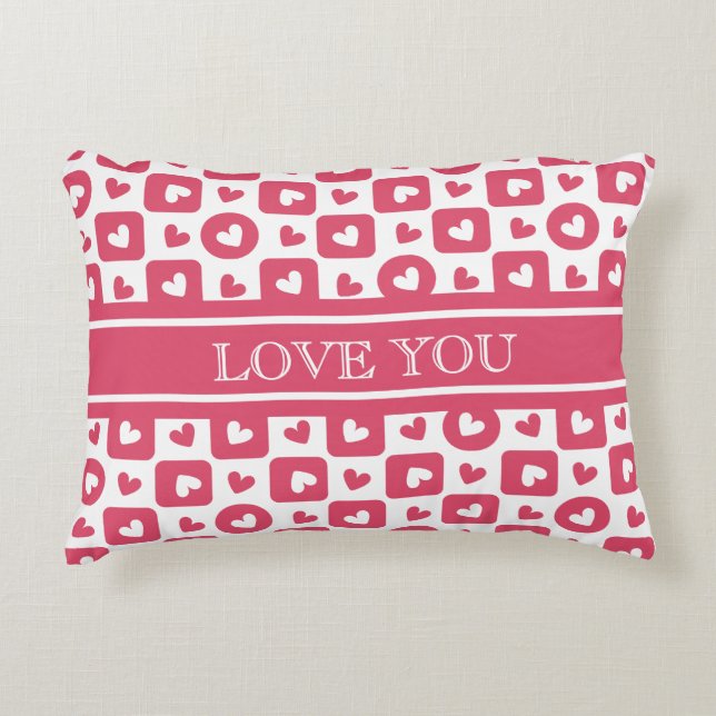 Custom "Love You" Pink Checkered Heart Accent Pillow (Front)